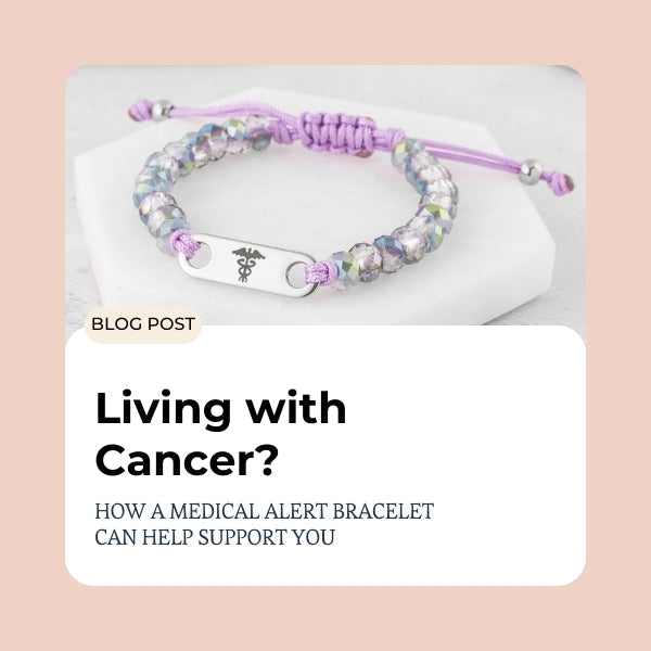 A medical alert bracelet with text emphasizing the importance of wearing one for cancer