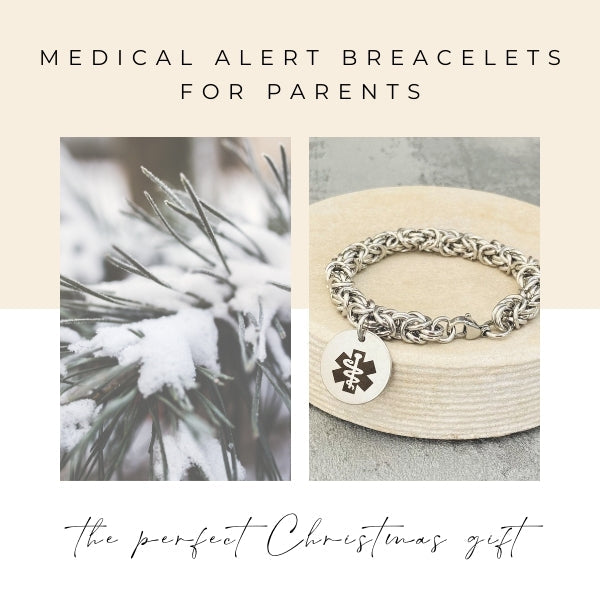 A medical alert bracelet displayed with Christmas decorations, representing a thoughtful holiday gift.