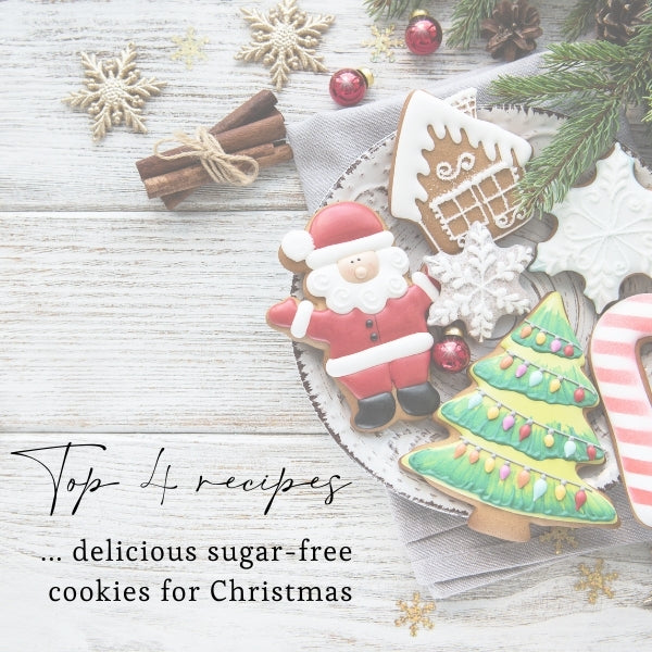 Festive Christmas cookies arranged on a plate with the blog title 'Top 4 Sugar-Free Cookie Recipes for Christmas'