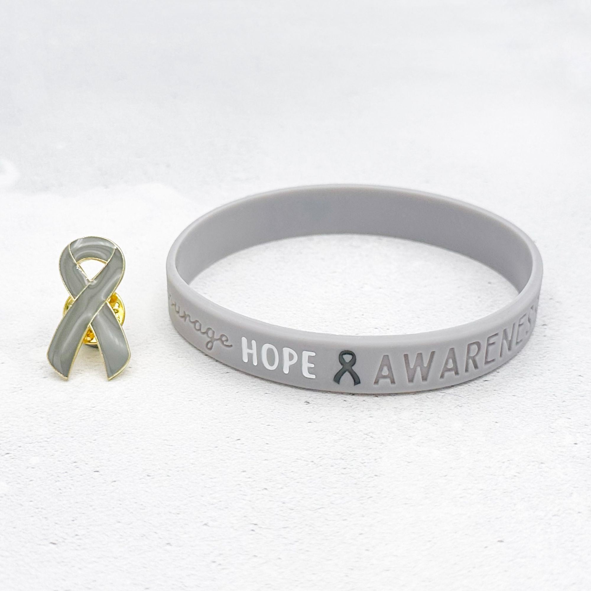 Grey Awareness Ribbon Pin & Wristband for Asthma Support
