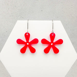 Pink flower-shaped earrings on a white hexagonal stand against a gray background