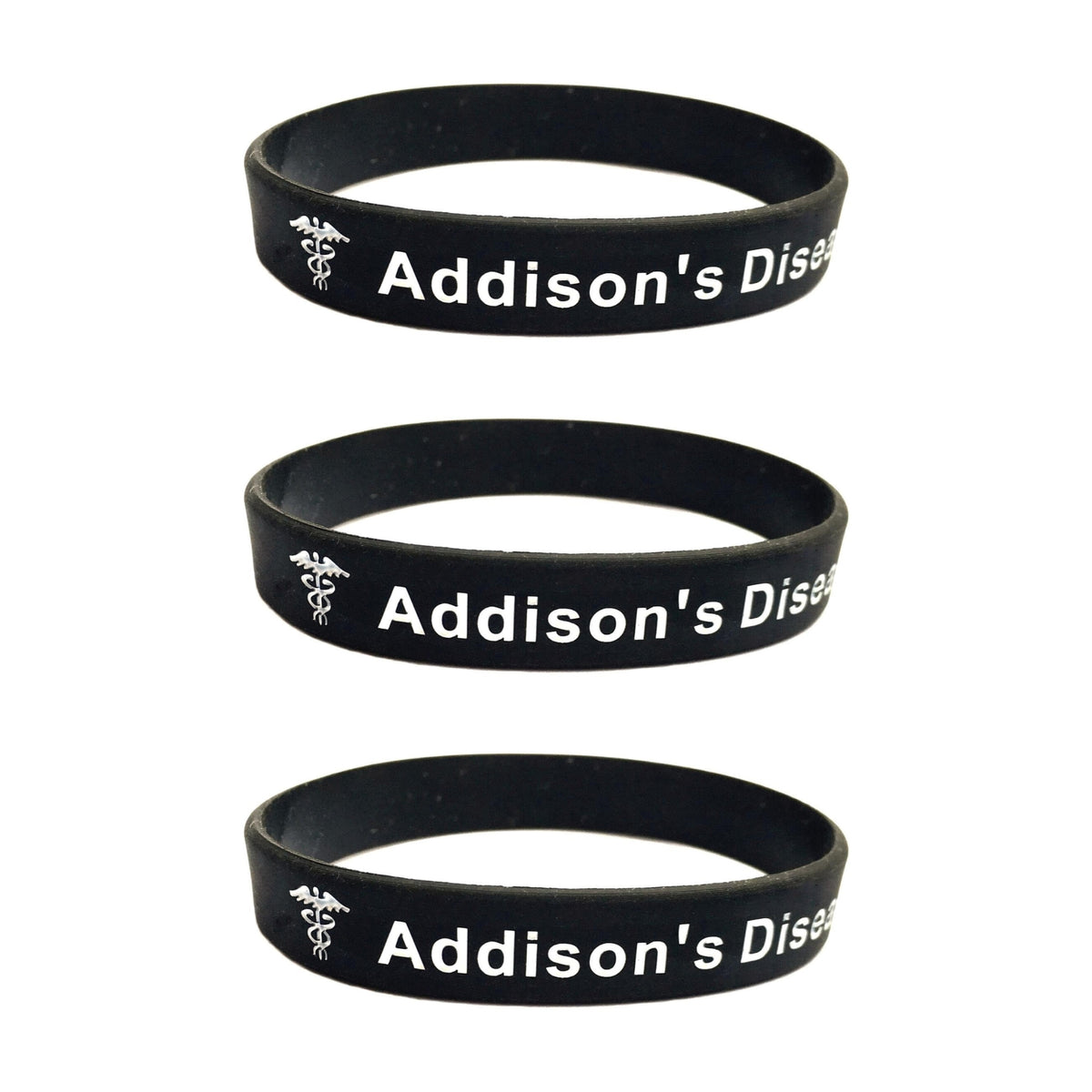 Black silicone Addison’s disease medical alert bracelets with white medical symbols