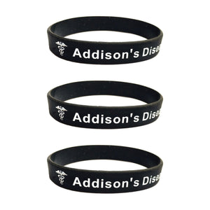 Three black wristbands with 'Addison's Disease' text on a white background