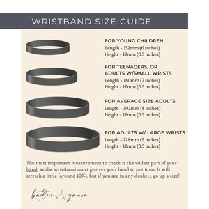 Wristband size guide with measurements for different age groups and wrist sizes on a beige background.