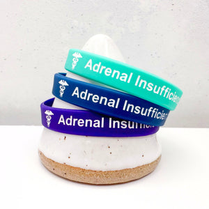 set of 3 silicone adrenal insufficiency medical alert wristband in teal, navy, and purple