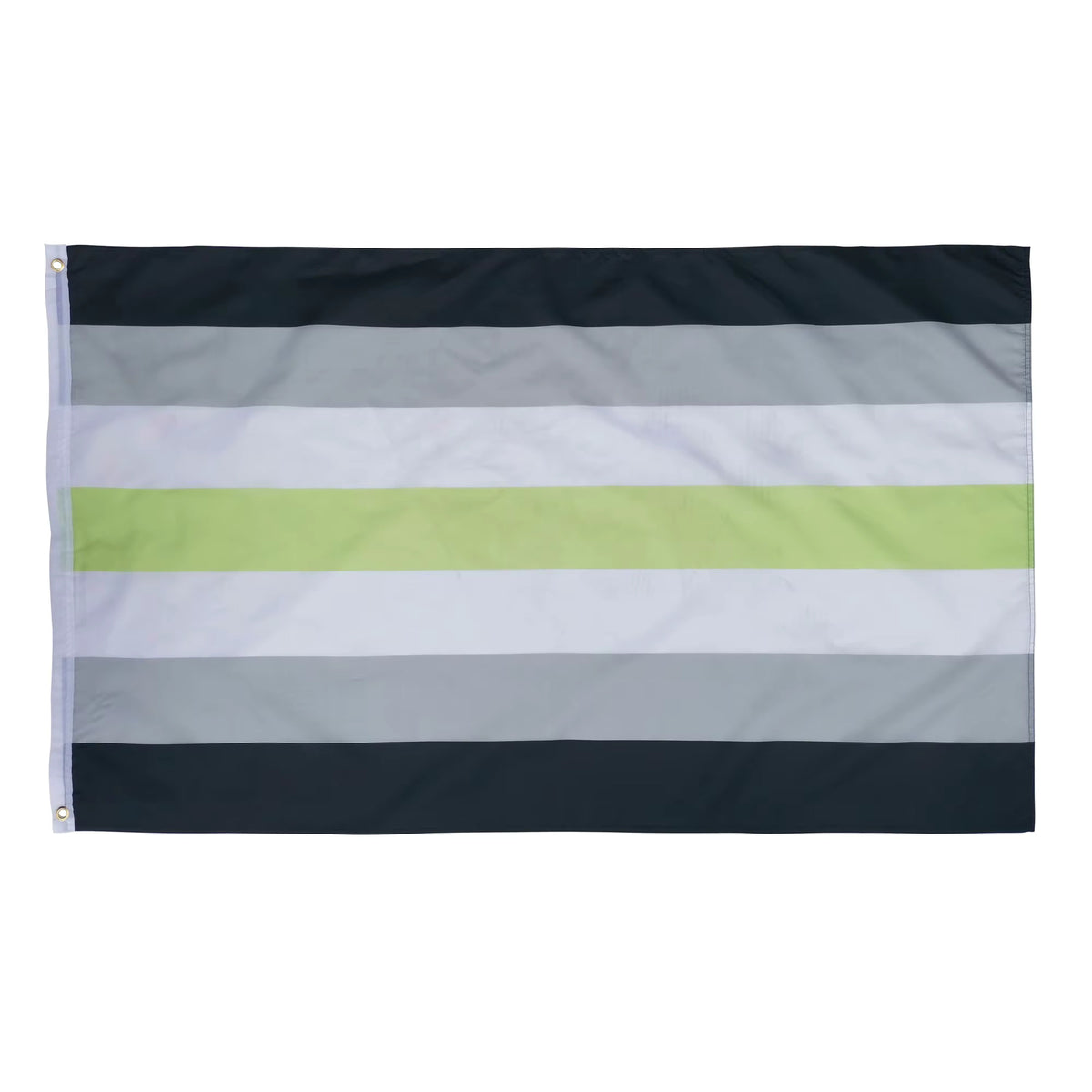 flag with stripes in the agender colours of black, grey, white, and green on a white background