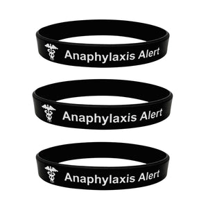 Set of three anaphylaxis alert silicone medical ID bracelets for daily wear and backup use