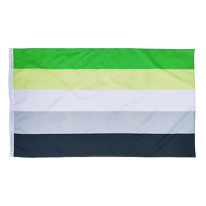 Aromantic flag with green, lime green, white, grey, and black horizontal stripes on a white background.
