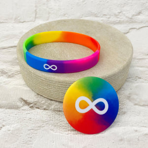 autism rainbow infinity wristband pin badge