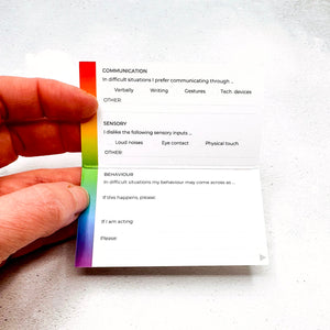 Inside of folded autism wallet card with checkboxes for communication, sensory sensitivities, and behaviour instructions