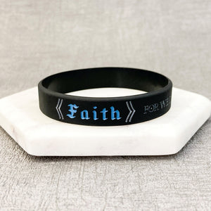 Black band with blue text against a grey background