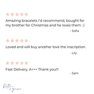 Five-star product reviews with customer names and comments on a white background