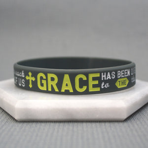 Grey wristband with yellow text on a gray background