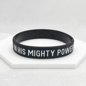 Black band with white text against a white background