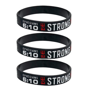 Three black wristbands with 'Ephesians 6:10 BE STRONG' text on a white background