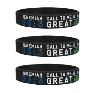 Three black wristbands with 'Jeremiah 33:3' text on a white background
