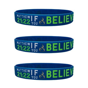 three blue wristbands with white and green text on a white background