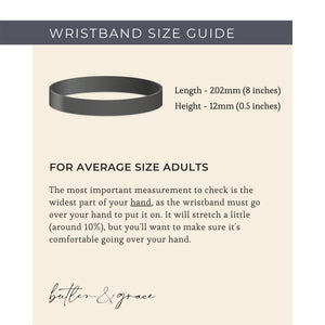 Wristband size guide with dimensions and measurement instructions 