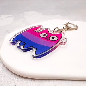 bisexual pride cat keychain in pink, purple, and blue stripes