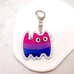 bisexual pride cat keychain in the bi colours of pink, purple, and blue