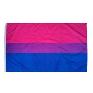 Bisexual pride flag with pink, purple, and blue stripes on a white background