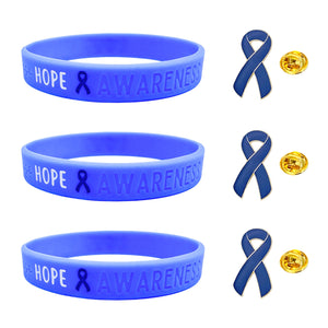 set of 3 blue silicone awareness ribbon wristbands with "Hope & Awareness" text engraved on its side, and 3 blue enamel ribbon pins