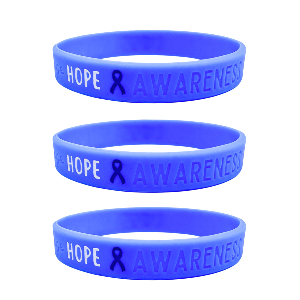 set of 3 blue silicone wristbands engraved with ‘Hope & Awareness’ 