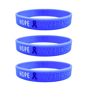 set of 3 blue silicone awareness ribbon wristbands with "Hope & Awareness" text engraved on its side 