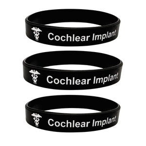Set of three cochlear implant silicone medical ID bracelets for daily wear and backup use