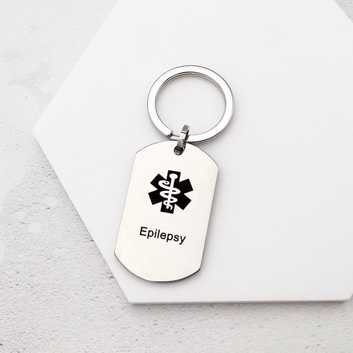 stainless steel keychain with star of life medical symbol and 'Epilepsy' text