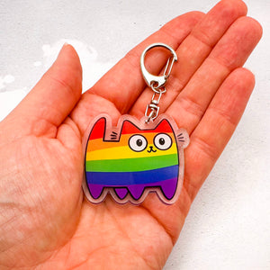 A hand holding a small acrylic keychain shaped like a cartoon cat with a rainbow stripe pattern and a silver key ring.