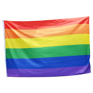 Gay flag with rainbow stripes in red, orange, yellow, green, blue, and purple, on a white background. 