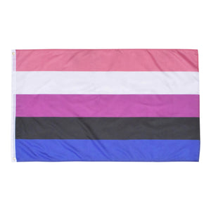 Genderfluid flag with pink, white, purple, black, and blue horizontal stripes on a white background