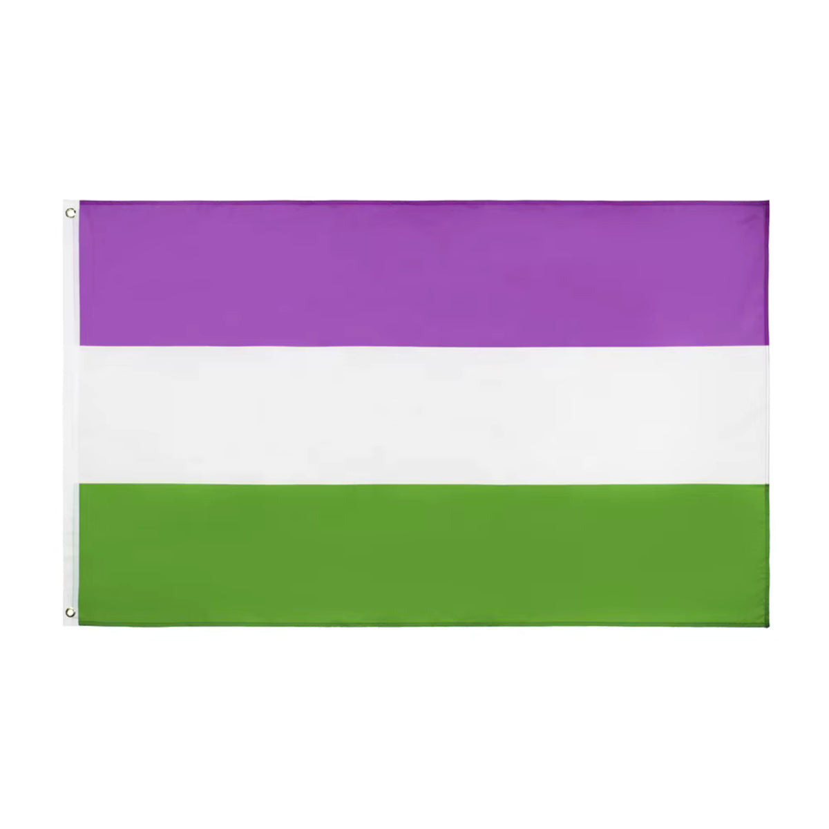 Genderqueer flag with purple, white, and green horizontal stripes on a white background