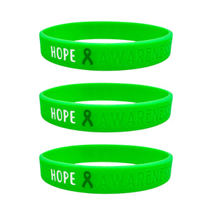set of 3 green awareness ribbon wristbands with "hope & awareness" text engraved on the side