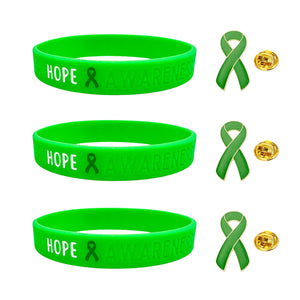 set of 3 green awareness ribbon wristbands with "hope & awareness" text engraved on the side, and 3 green enamel ribbon pins