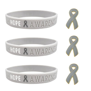 set of 3 grey awareness ribbon wristbands with "hope & awareness" text engraved on its side, and 3 grey enamel ribbon pins