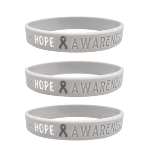 set of 3 grey awareness ribbon wristbands with "hope & awareness" text engraved on its side 