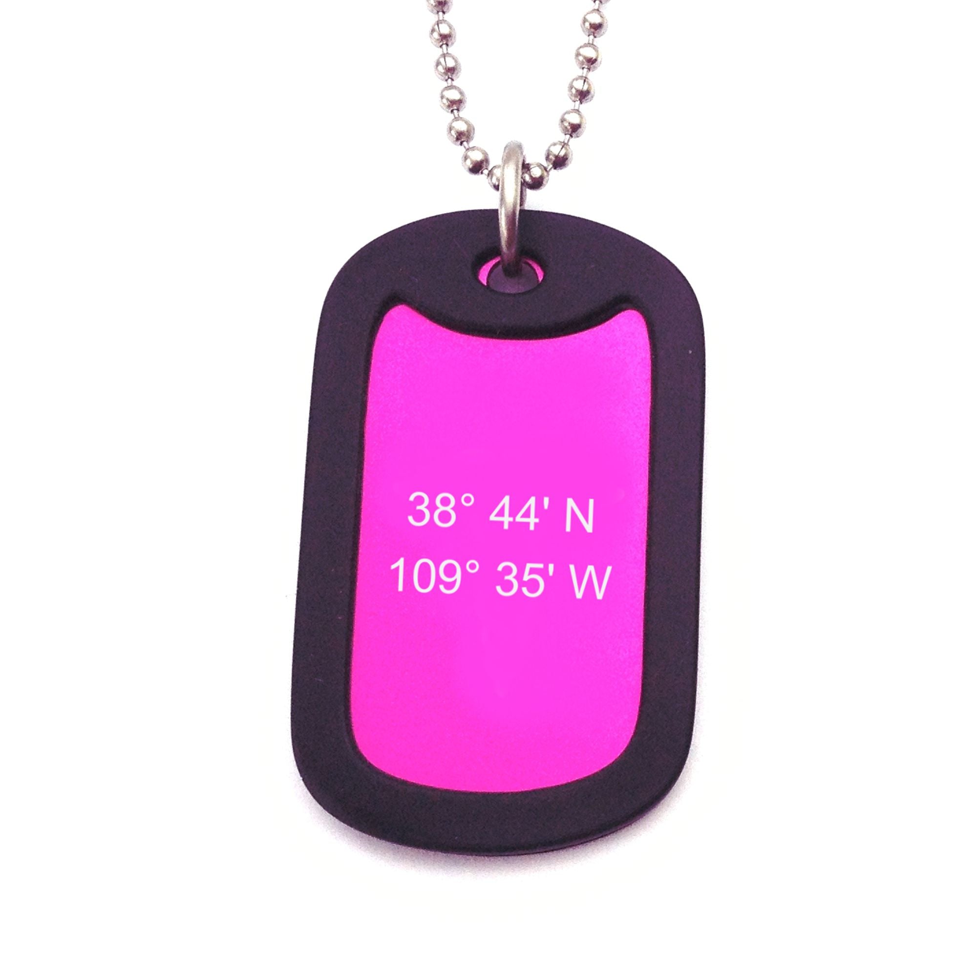 grid coordinates dog tag necklace purple with rubber silencer