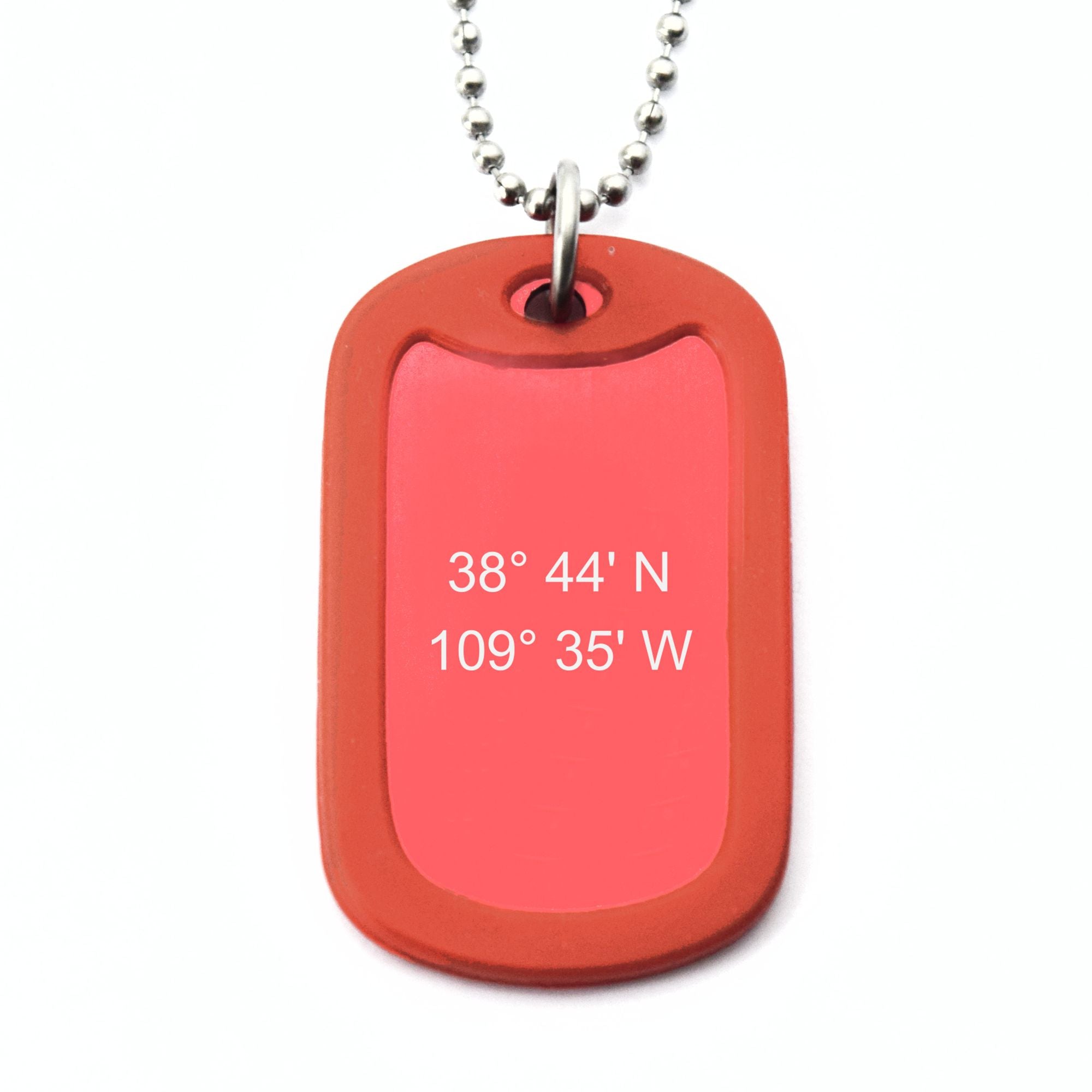 grid coordinates dog tag necklace red with rubber silencer