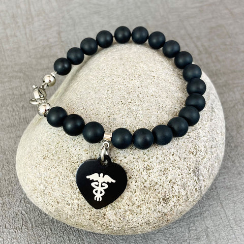 ladies black heart medical bracelet acrylic beads