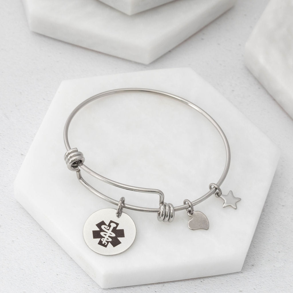 ladies medical alert bangle heart charm