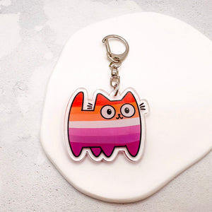 lesbian pride cat keychain in pink and orange stripes
