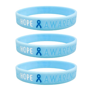 set of 3 light blue awareness ribbon wristbands with "hope & awareness" text engraved on its side 