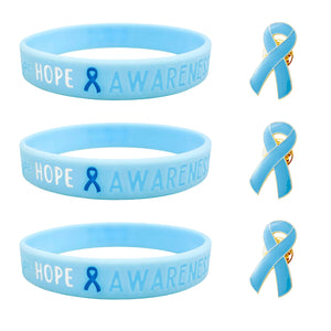 Set of blue 'Hope Awareness' wristbands with ribbons 