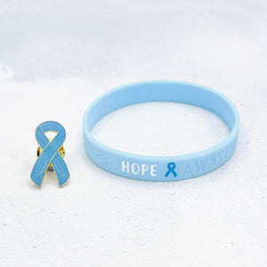 Light blue wristband with 'Hope Awareness' text and matching pin