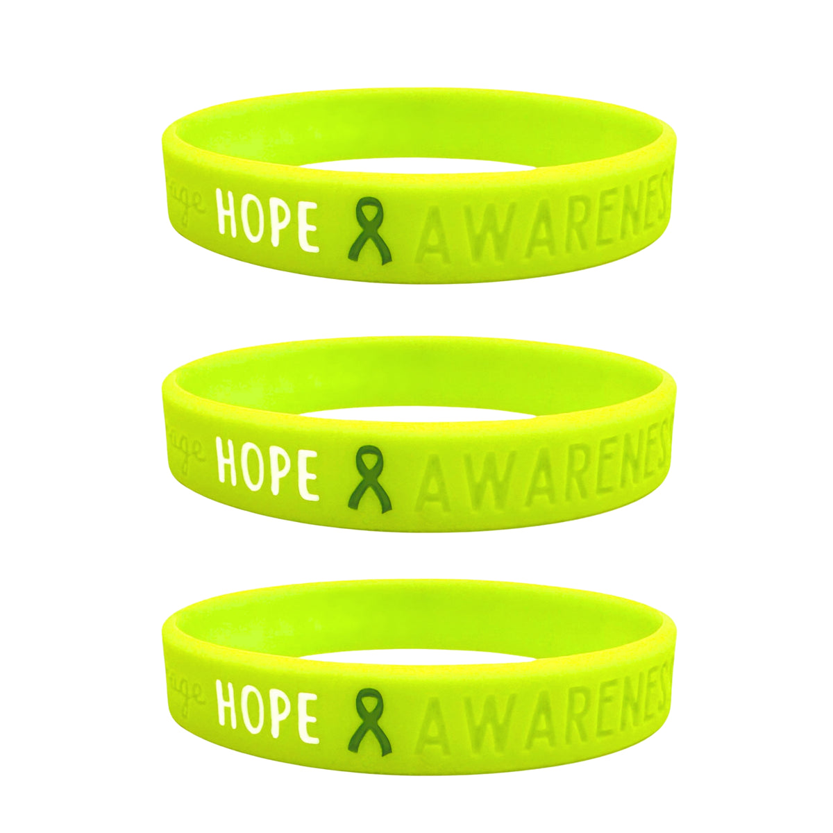 set of 3 lime green silicone wristbands engraved with ‘Hope & Awareness’ 