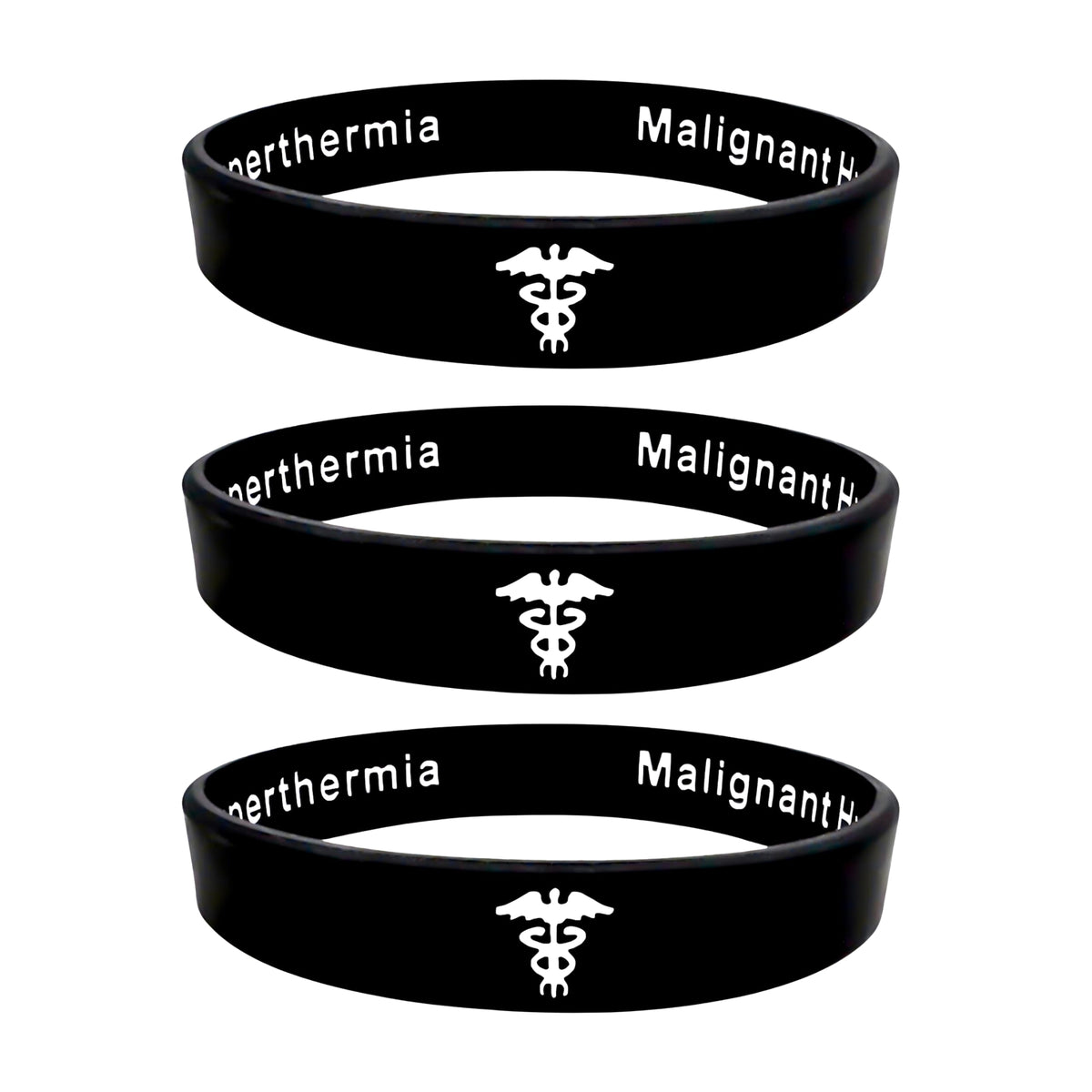 Three black wristbands with white text and a medical symbol on a white background