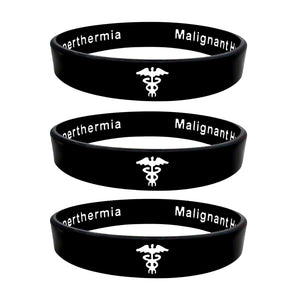 Three black wristbands with white text and a medical symbol on a white background