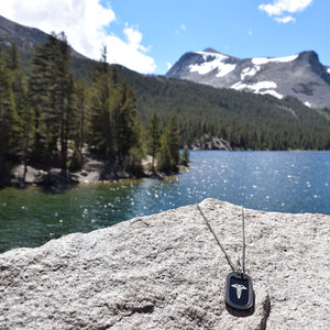 Dog tag necklace with a mountain and lake in the background